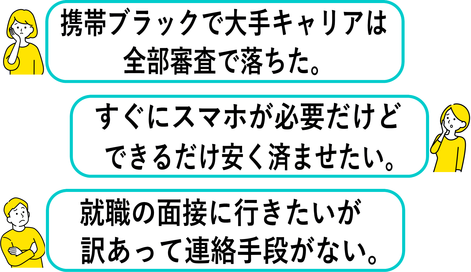 「携帯ブラックで大手キャリアは全部審査で落ちた。」「すぐにスマホが必要だけど、できるだけ安く済ませたい。」「就職の面接に行きたいが、訳あって連絡手段がない。」